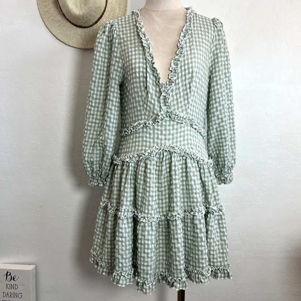 MABLE sea green gingham dress S cottage core babydoll boho chic prairie western
